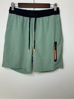 Avalanche Men's Sage Green Athletic Shorts with Black Waistband and Orange Zip